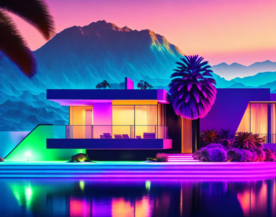 Colorful house with neon lights by pool under pink and purple sunset sky