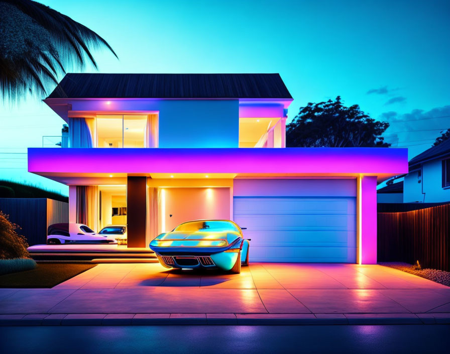 Modern Two-Story House with Blue and Purple Dusk Lighting