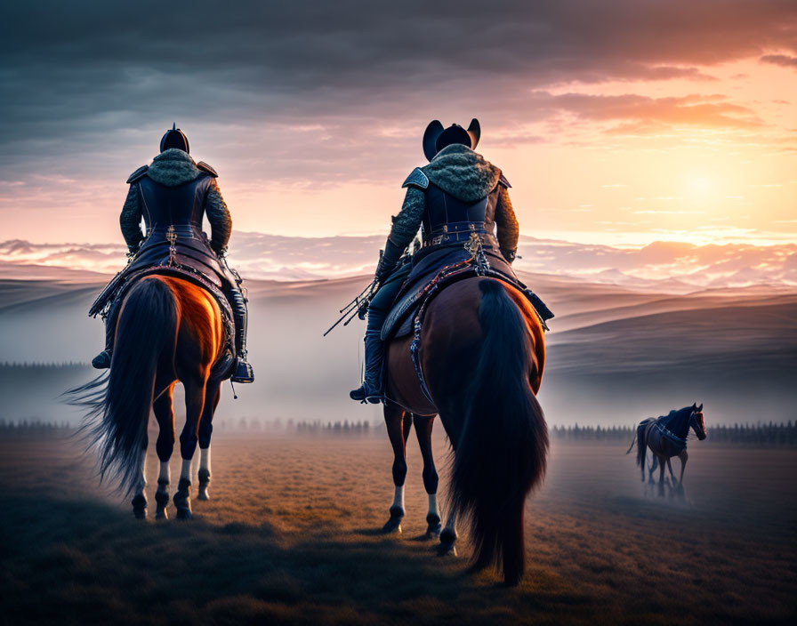 Traditional attire horseback riders in misty sunrise landscape