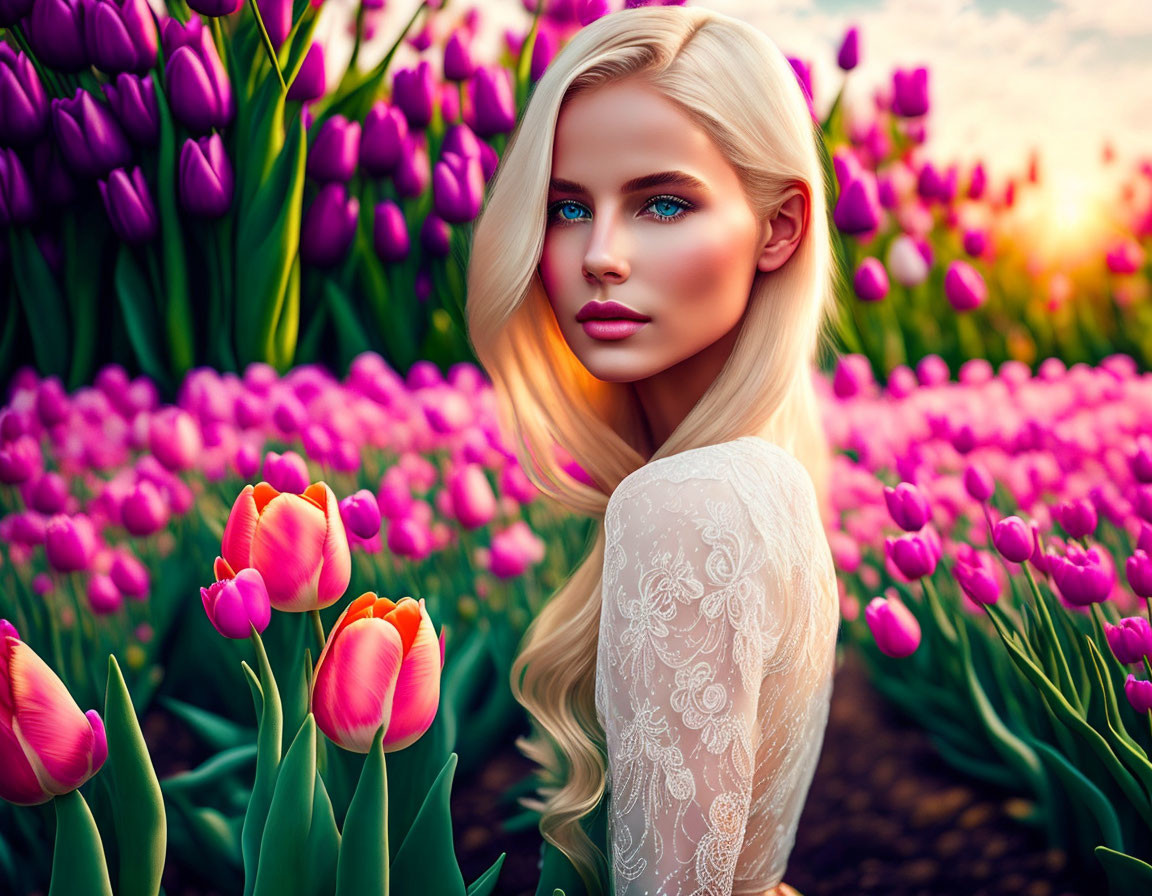 Blonde Woman in White Lace Dress Among Vibrant Tulips at Sunset