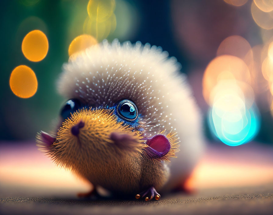 Colorful cartoon hedgehog with big blue eyes on bokeh background