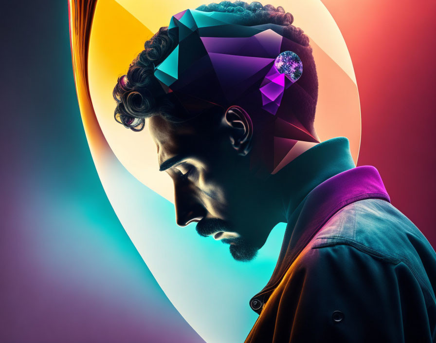 Man's Profile with Geometric Digital Art Elements on Colorful Background