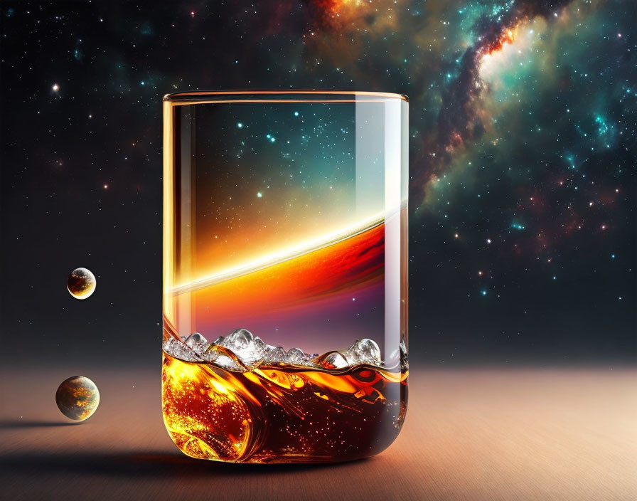 Beverage glass with ice cubes on cosmic background with stars, nebulae, and planets