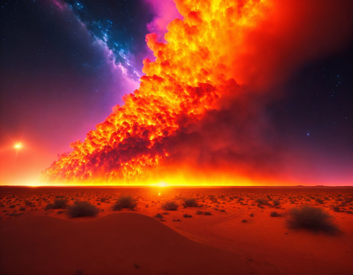 Night sky explosion with stars and nebula over desert landscape