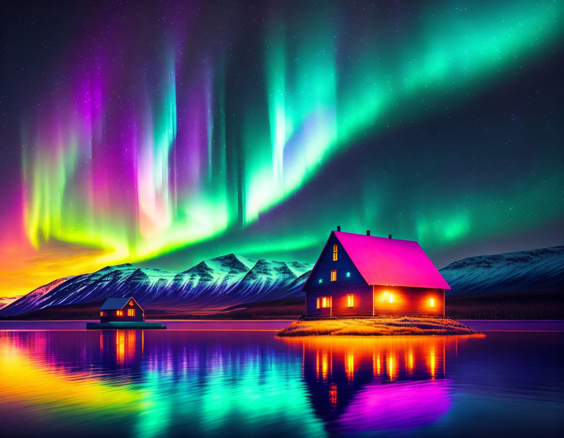 Northern Lights illuminate snowy mountain landscape with glowing house by lake