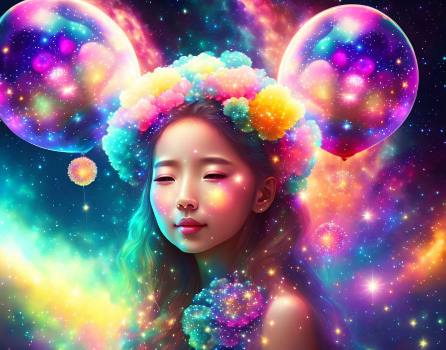 Colorful cosmic-themed bubbles and clouds in girl's hair on vibrant galaxy backdrop