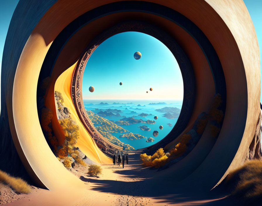 Fantastical landscape with archway, sea, islands, and planets in sky