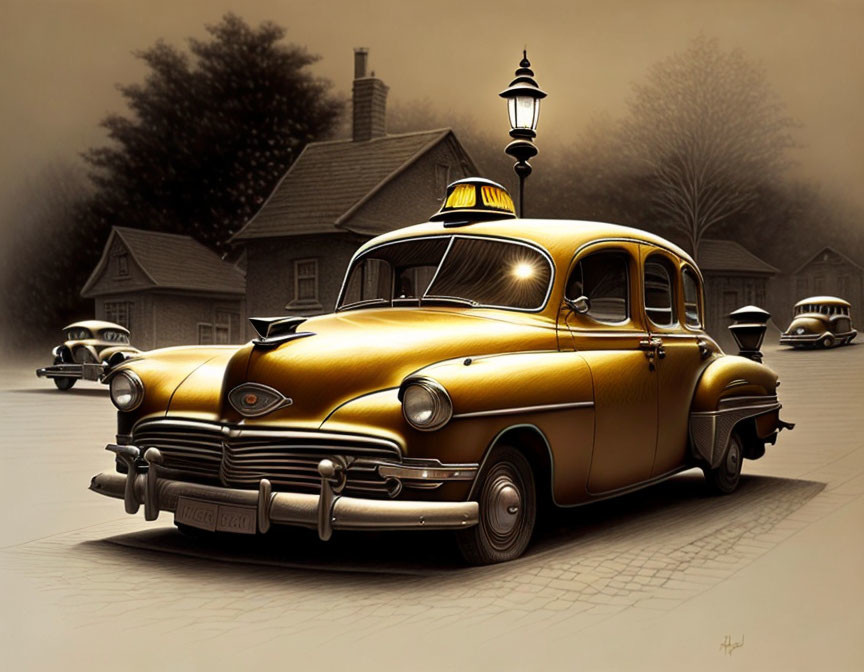 Vintage Yellow Taxi Car in Sepia-Toned Mid-20th Century Setting