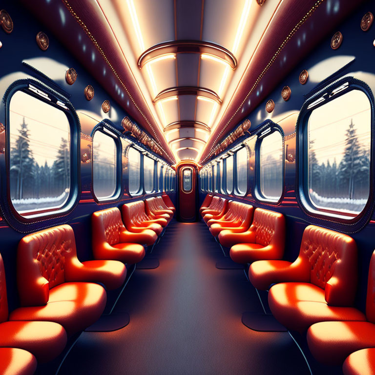 Futuristic Train Interior with Red Seats and Snowy Landscape View