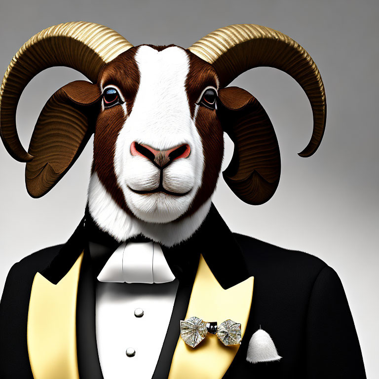 Goat-headed human figure in formal tuxedo attire