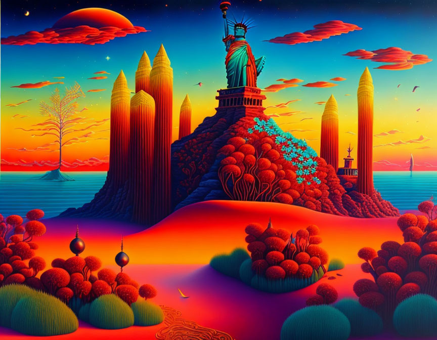 Surreal landscape with Statue of Liberty, colorful foliage, and rolling hills