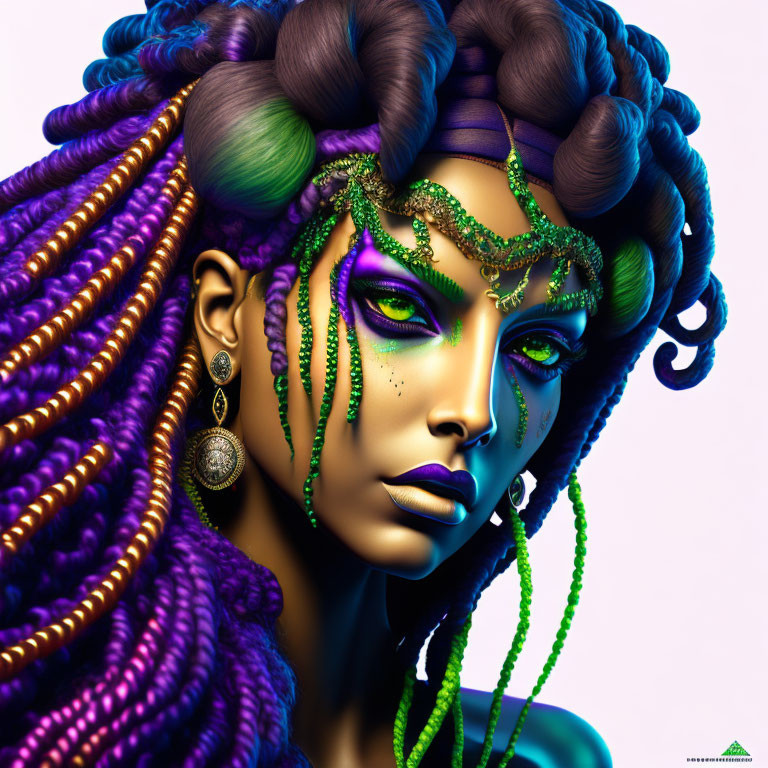 Colorful portrait of a woman with green skin and purple braided hair on blue background