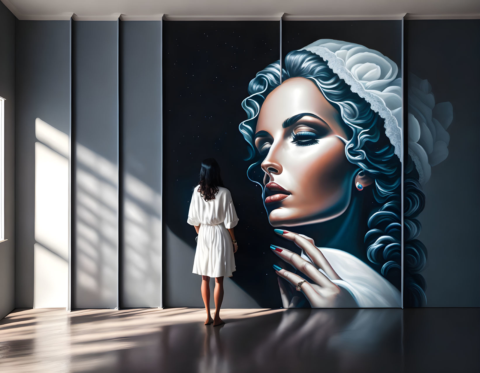 Person in white dress gazes at cosmic mural with vintage hairstyle