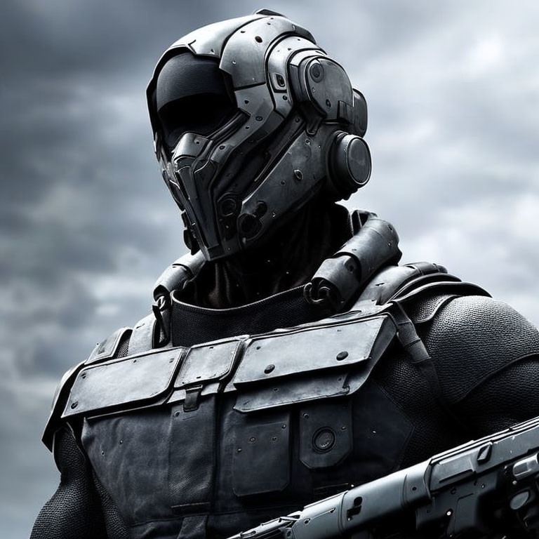 Futuristic combat armor with full-face helmet and rifle against cloudy sky.