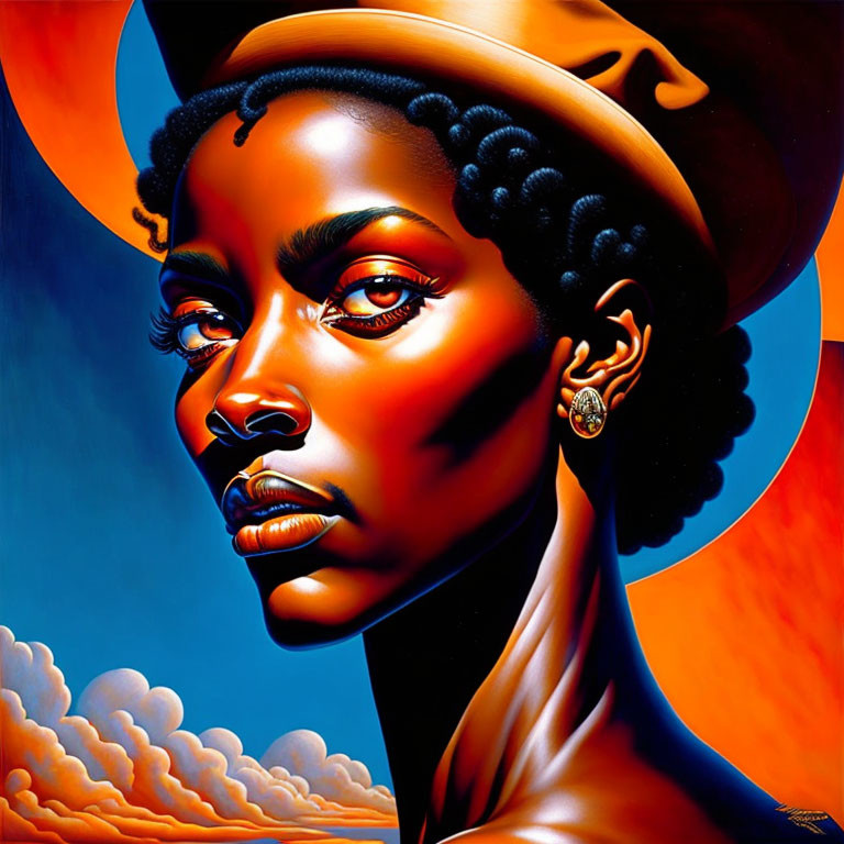 Portrait of a Woman with Golden Earrings and Hat in Orange Sky