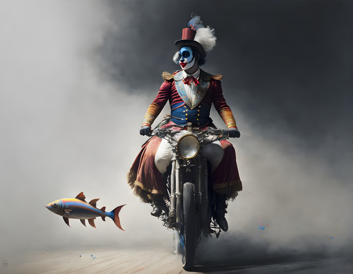 Surreal image: Clown on vintage motorcycle with flying fish against smoky background