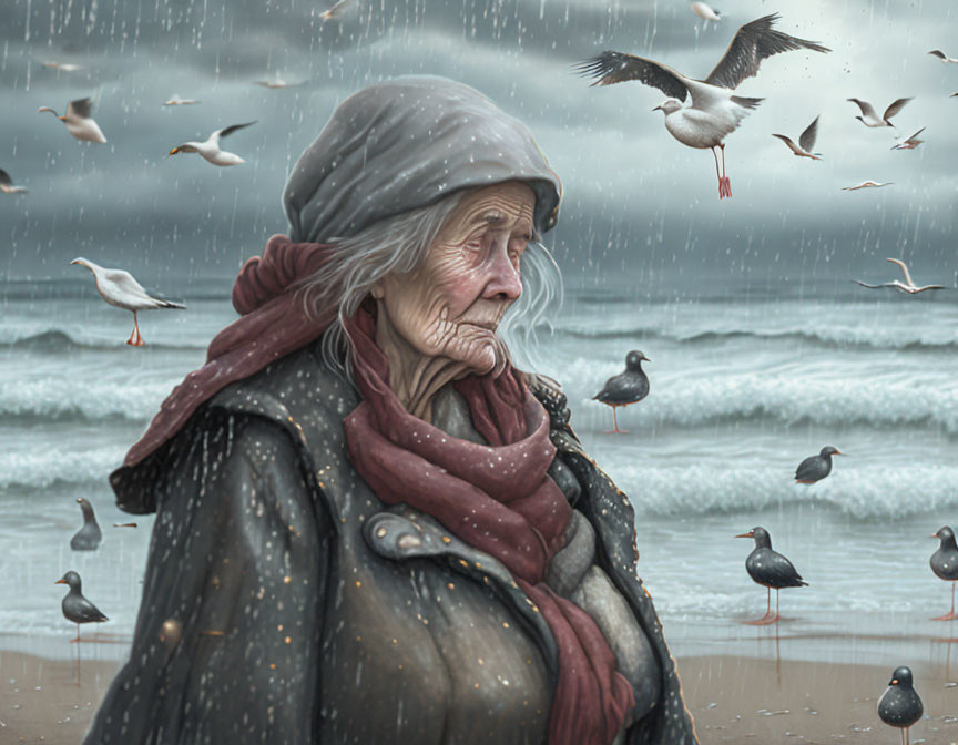 Elderly woman on beach with seagulls under overcast skies