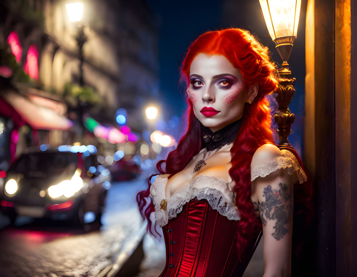 Red-haired woman in elaborate makeup and corset on vibrant city street at night