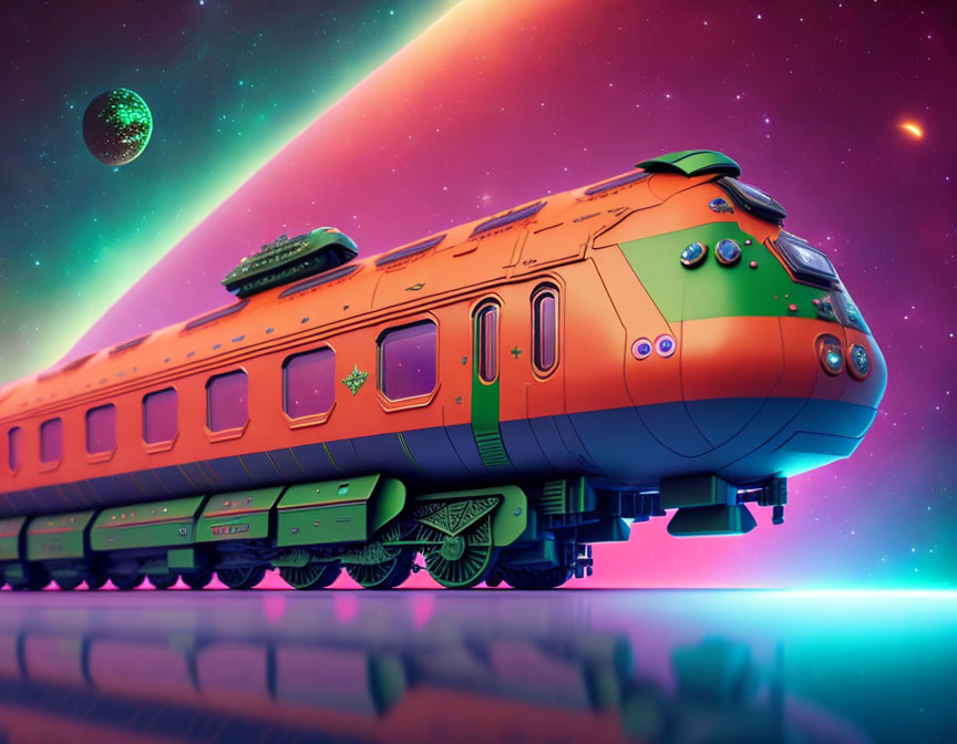 Futuristic orange train hovers on glowing tracks under colorful space sky