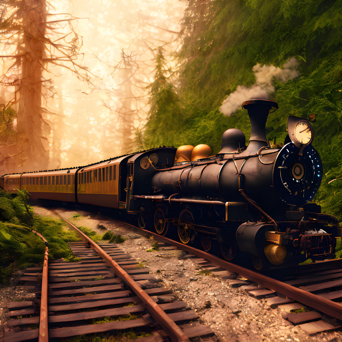 Vintage steam train in misty forest with sun rays on rusty tracks