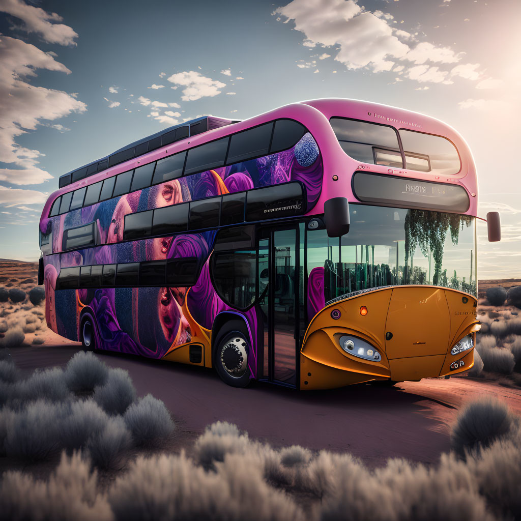 Futuristic double-decker bus in vibrant pink-purple colors in serene desert landscape