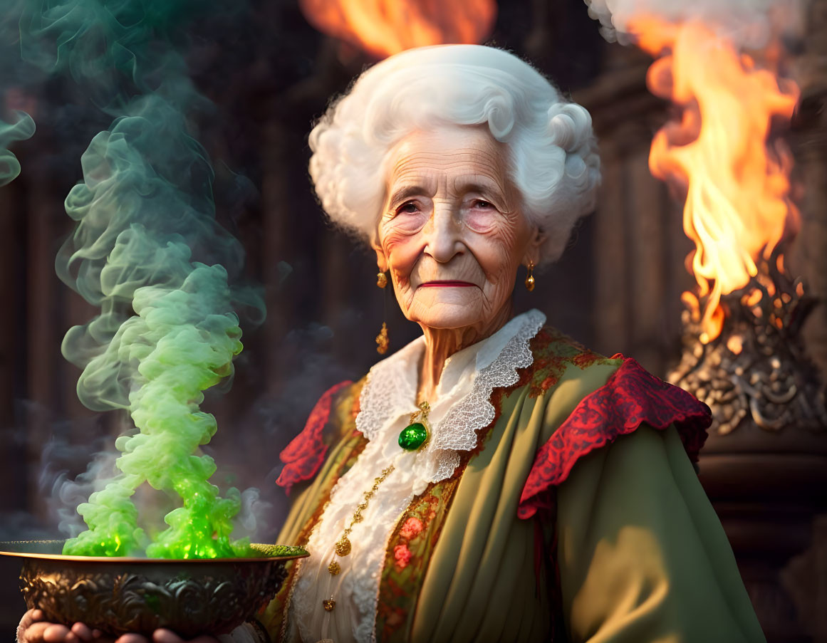 Elderly lady with white hair holds green-smoke bowl amid mystical flames