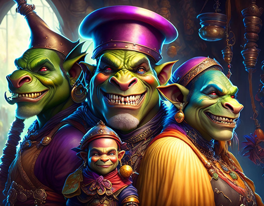 Vibrant Fantasy Illustration: Four Smiling Goblins in Colorful Costumes