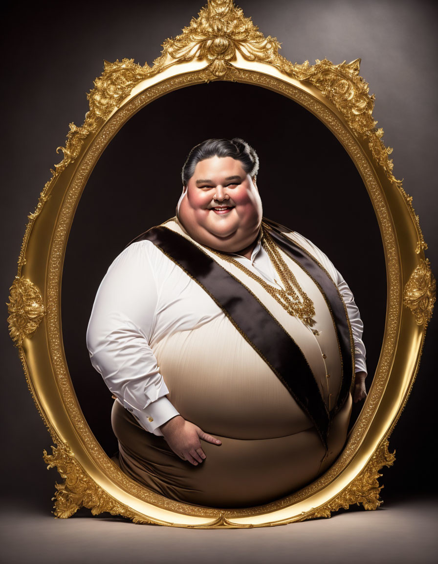 Confident person in formal attire smiling, framed by ornate golden mirror