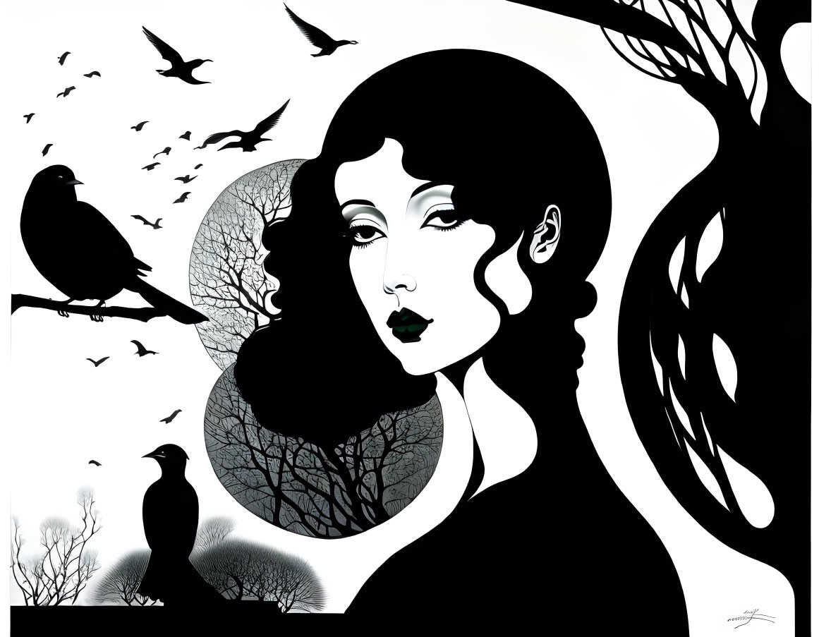 Monochrome art: Stylized woman portrait with nature motifs