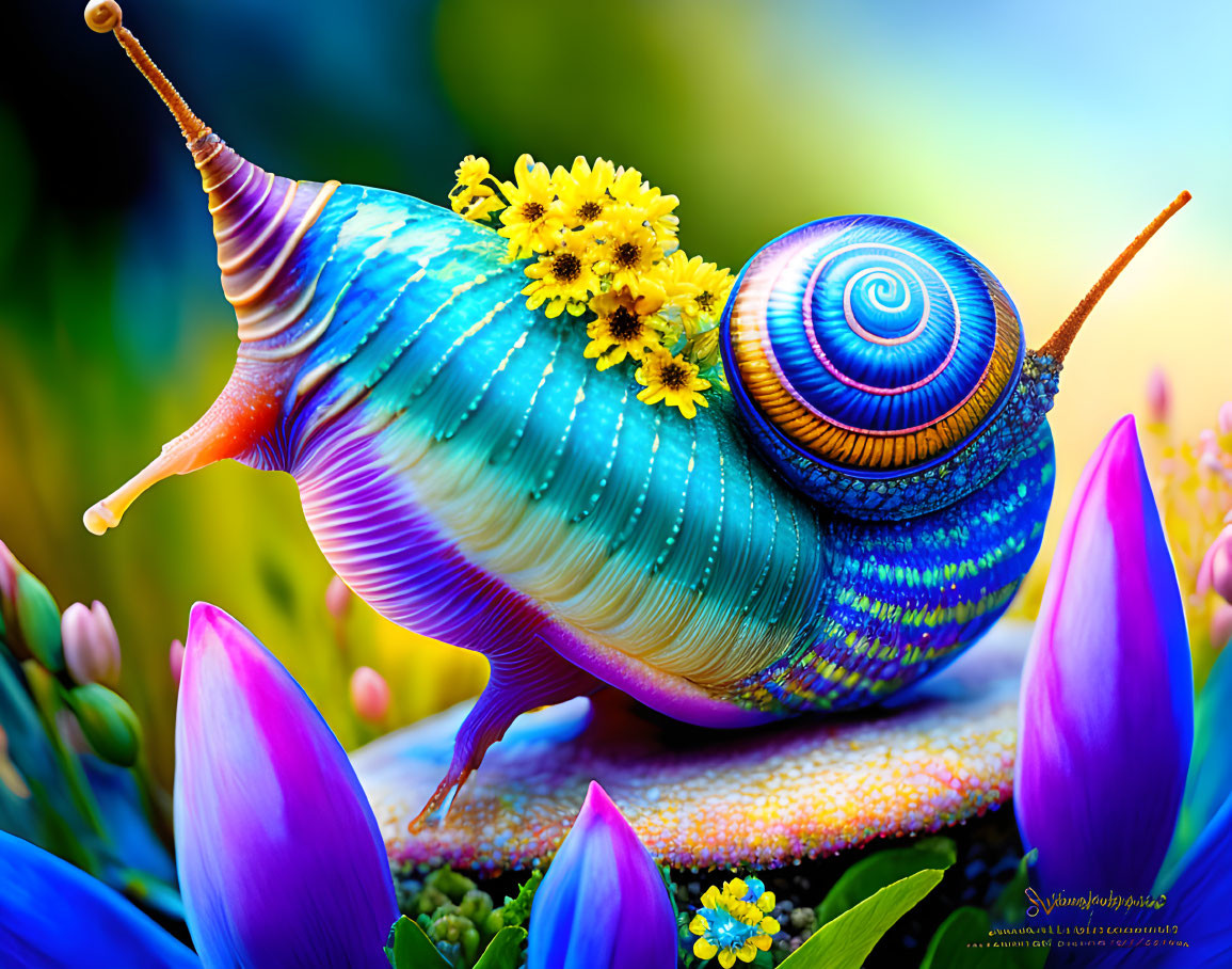 Colorful Snail with Blue and Rainbow Shell Among Yellow Flowers and Pink Petals