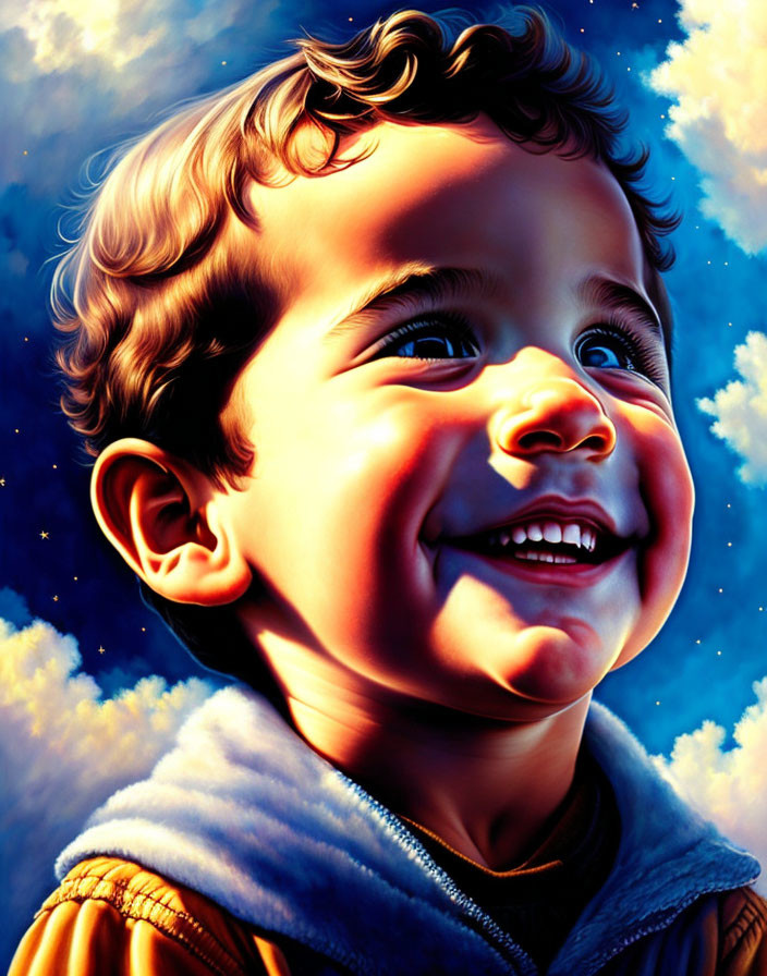 The boy looks up at the sky and smiles