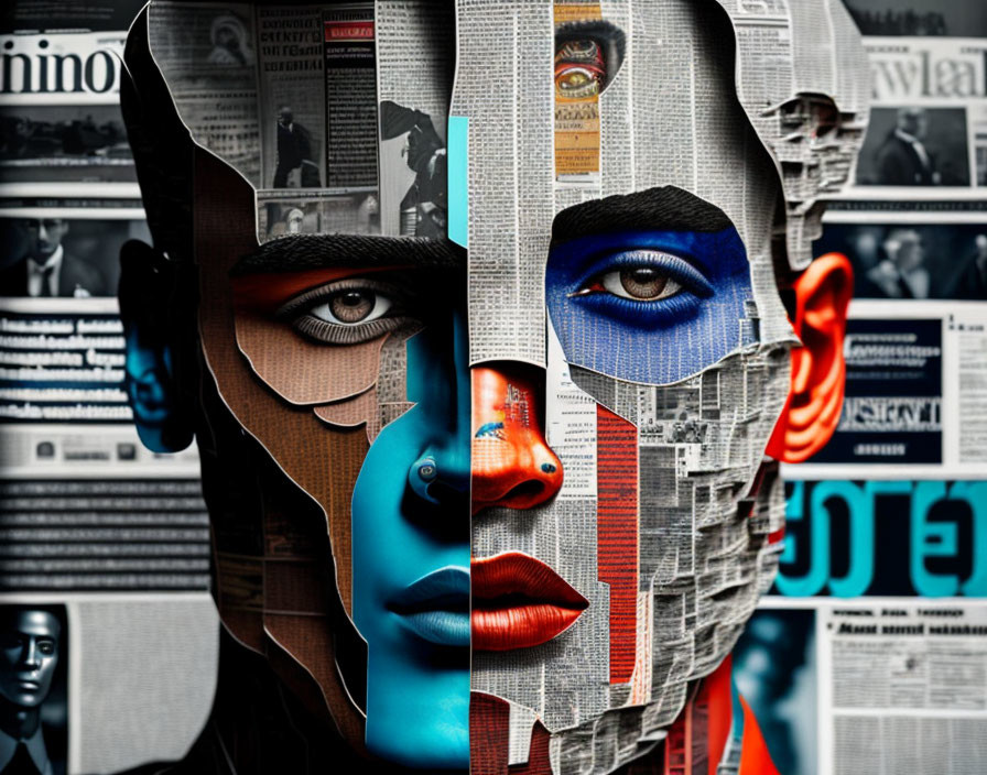 Multilayered face artwork with newspaper clippings and blue-red hues