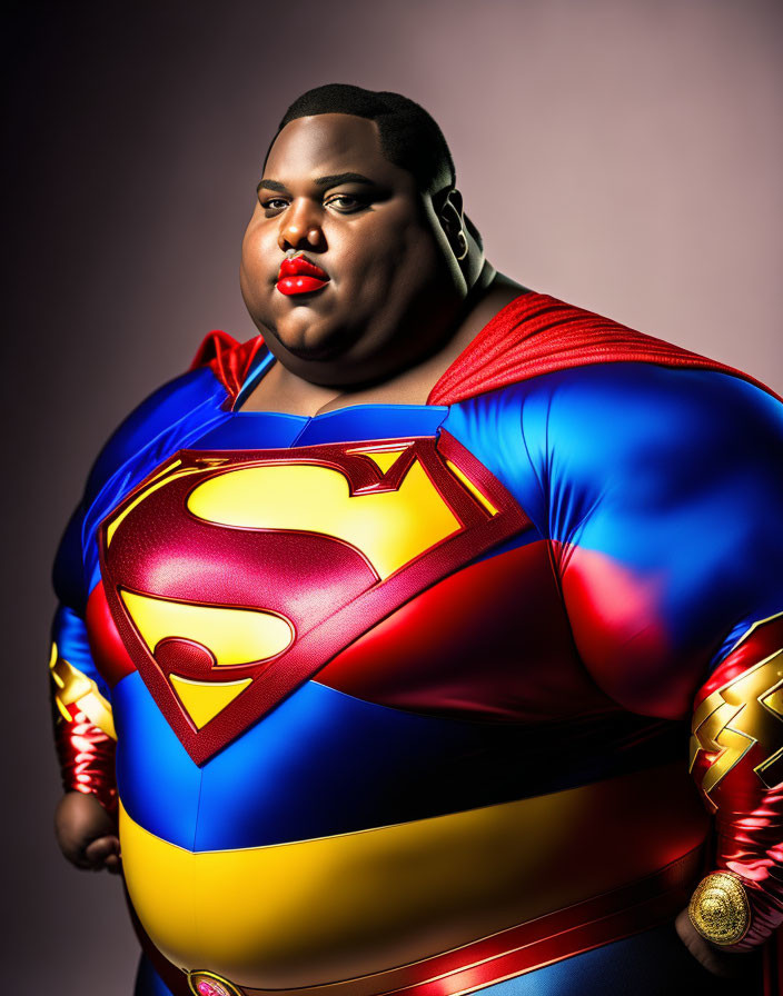 Stylized illustration of plus-sized superhero with Superman emblem