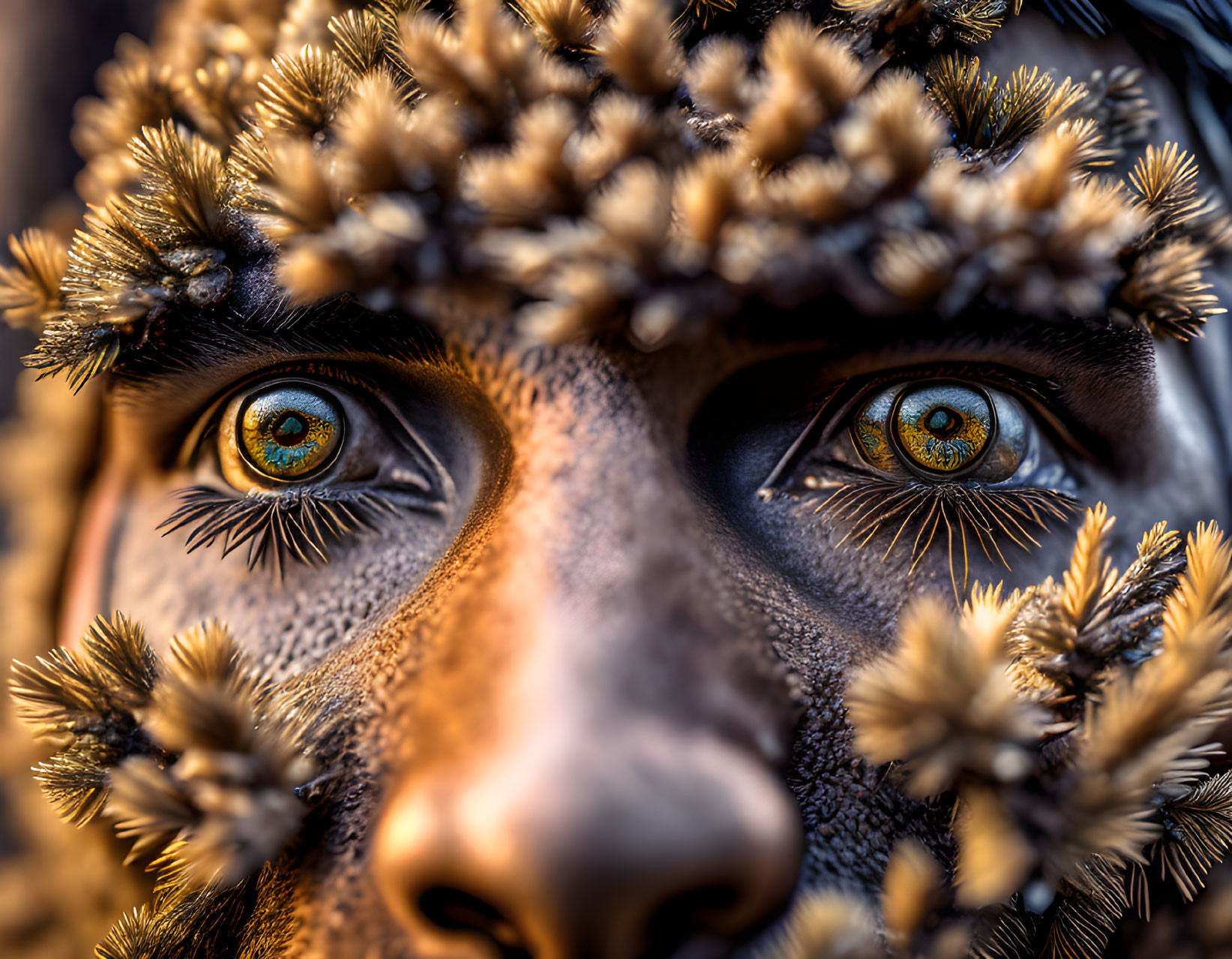 Striking amber-eyed person in textured mask portrait