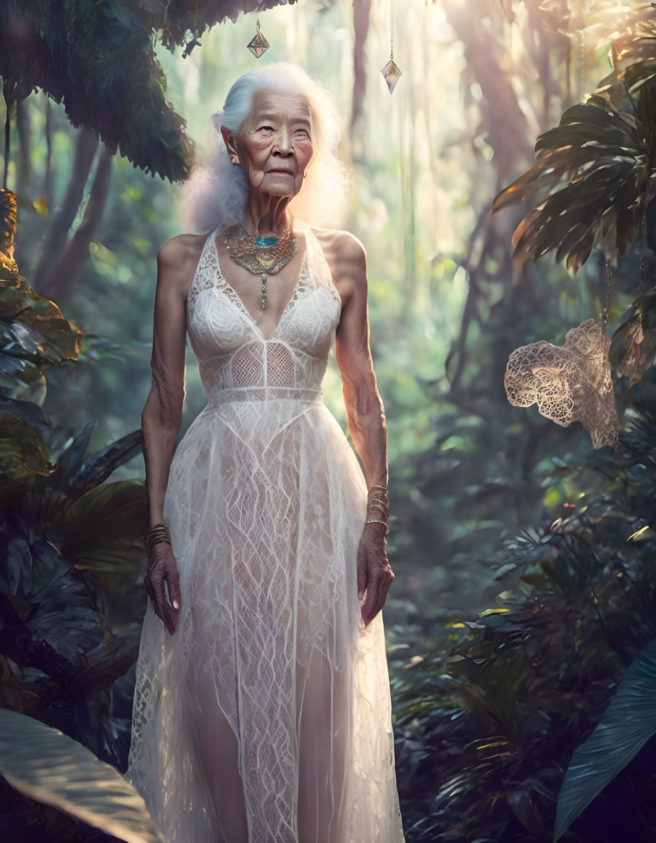 Elderly Woman in White Dress in Sunlit Forest with Geometric Shapes