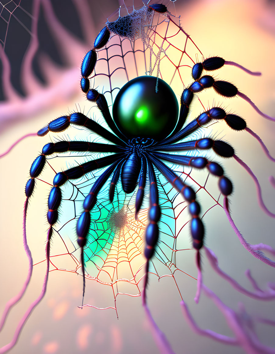 Colorful 3D spider illustration on vibrant web with dewdrop