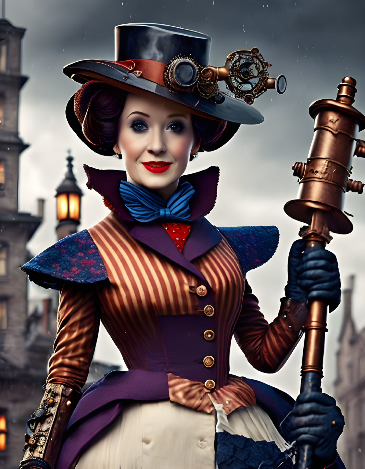 Steampunk-themed woman in top hat with brass telescope on vintage backdrop