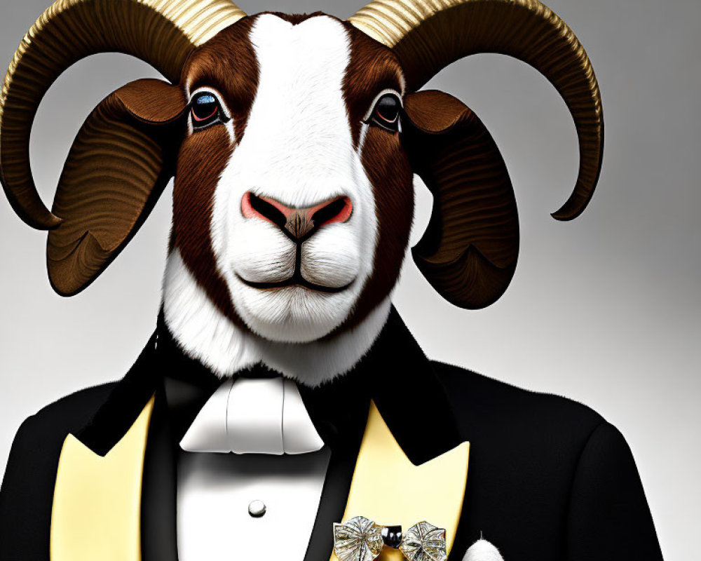 Goat-headed human figure in formal tuxedo attire