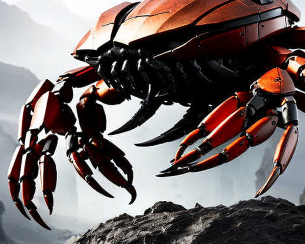 Mechanical crab with red and black exoskeleton on rocky terrain with misty mountains.