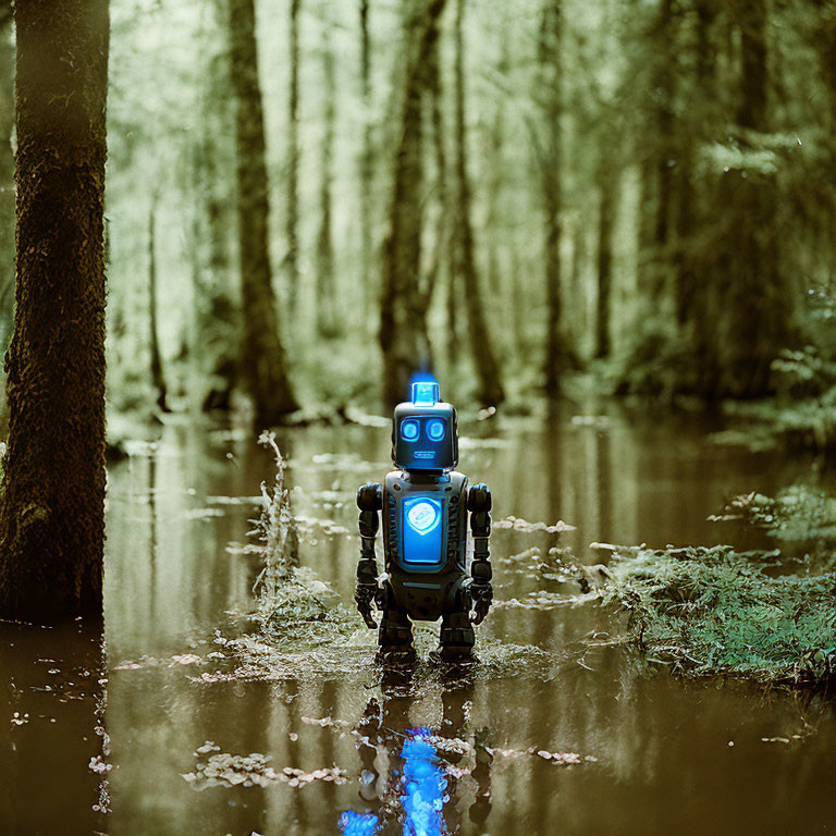 Blue Toy Robot in Forest Stream Environment