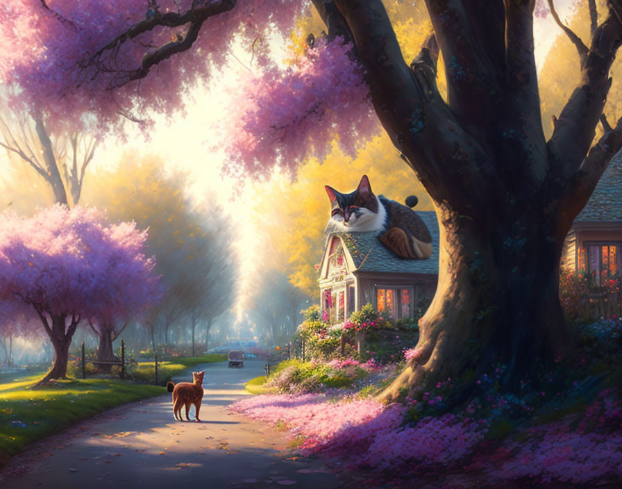 Giant cat lounging on quaint house with pink trees and sunlight rays