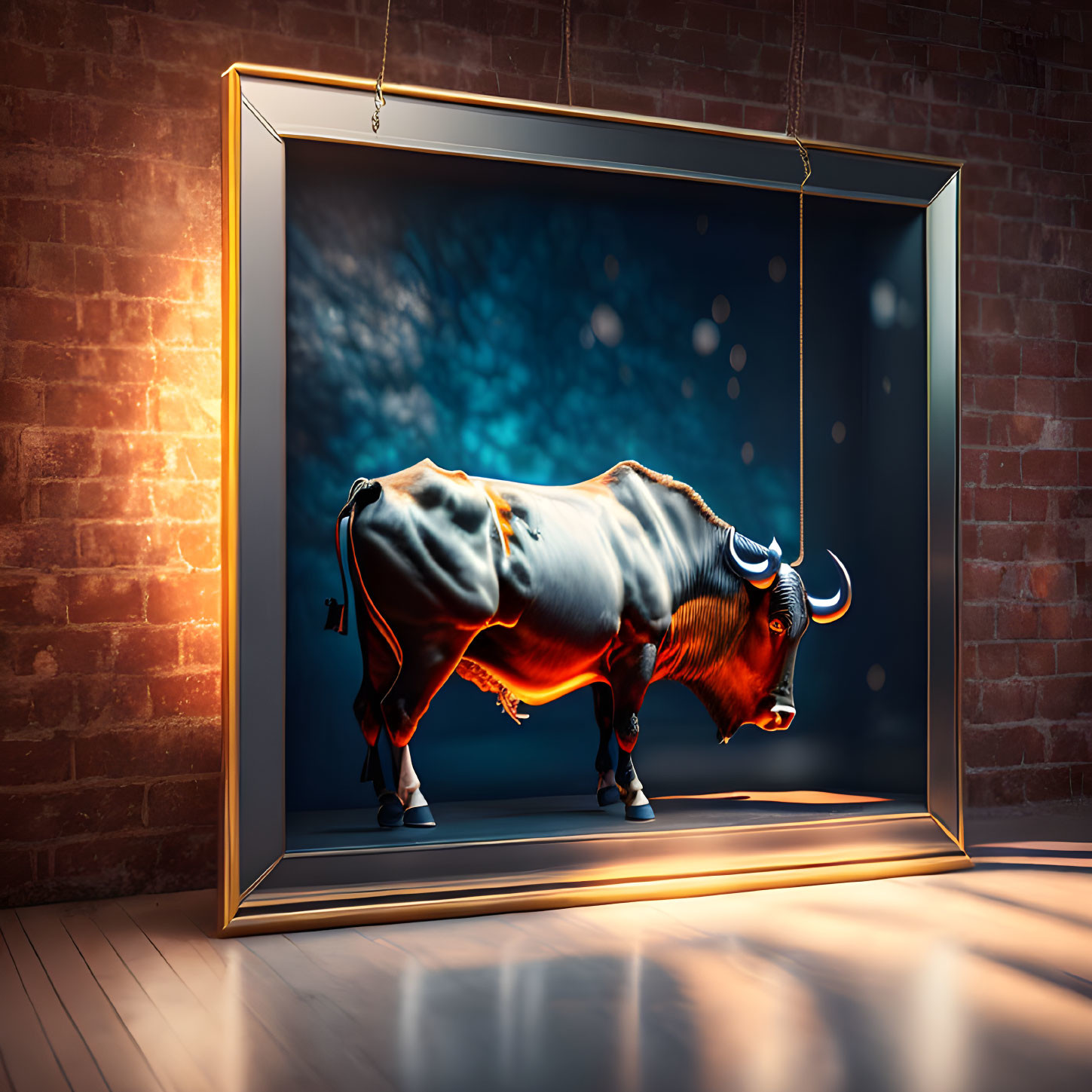 Glowing-horned bull emerging from picture frame in rustic room