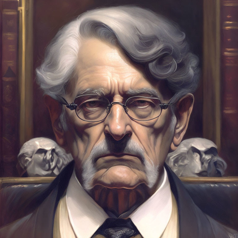 Elderly man with gray hair, mustache, glasses, in black suit, amidst skulls