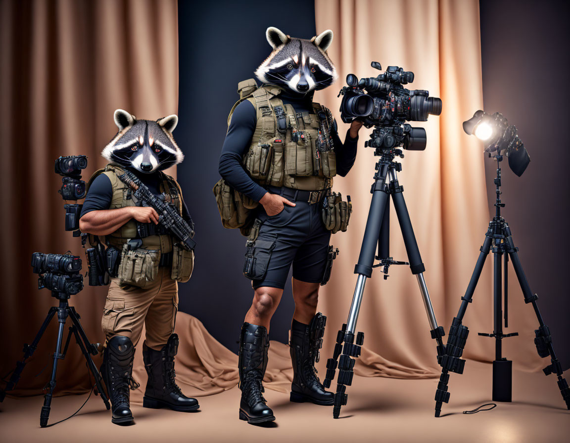 Studio photoshoot featuring two individuals in raccoon masks and tactical gear with photography equipment.