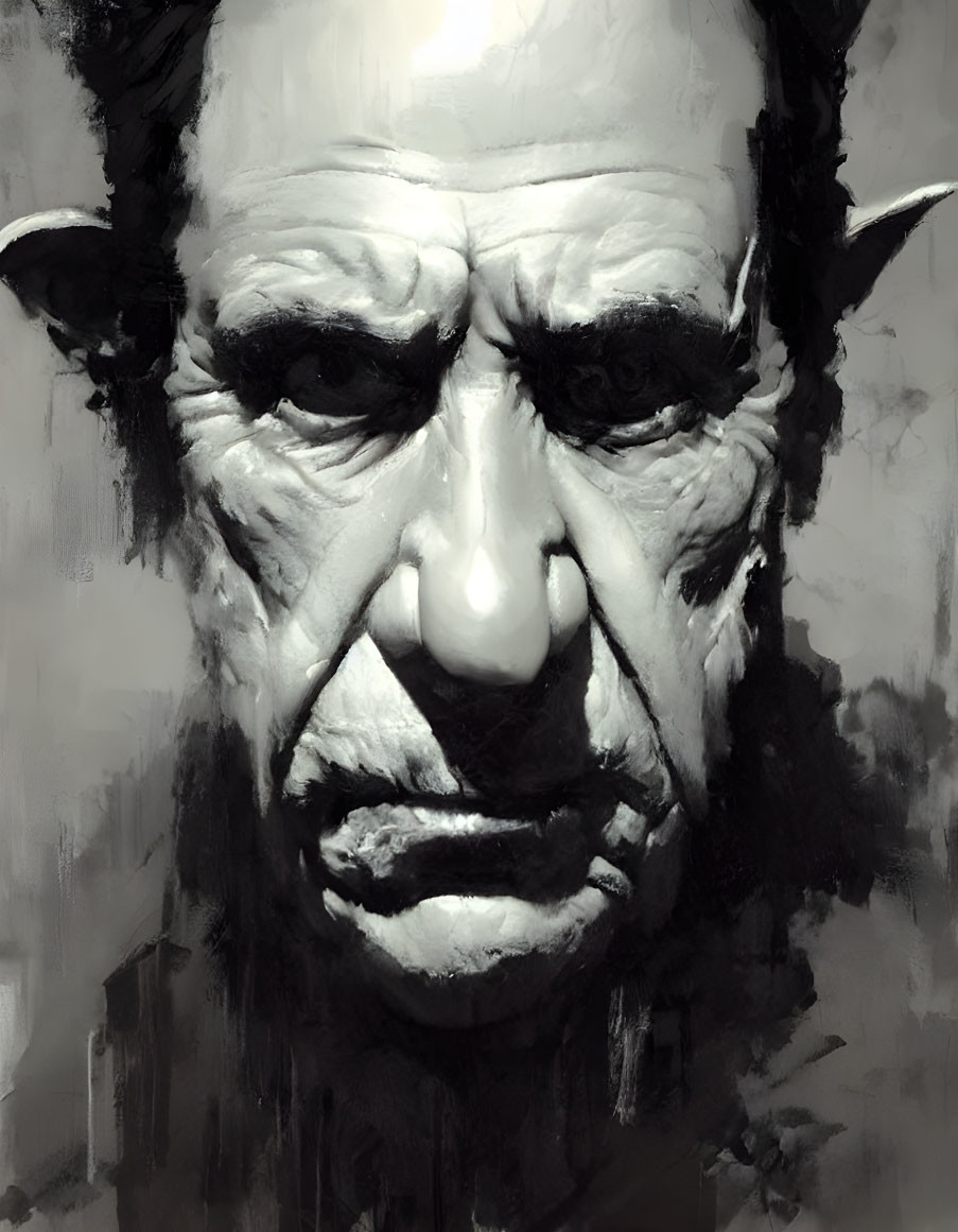 Monochromatic digital painting of a grim-faced man with intense eyes