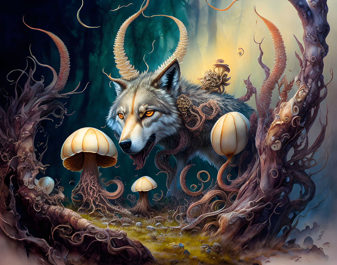 Mystical wolf with ornate horns in enchanted forest with twisting roots