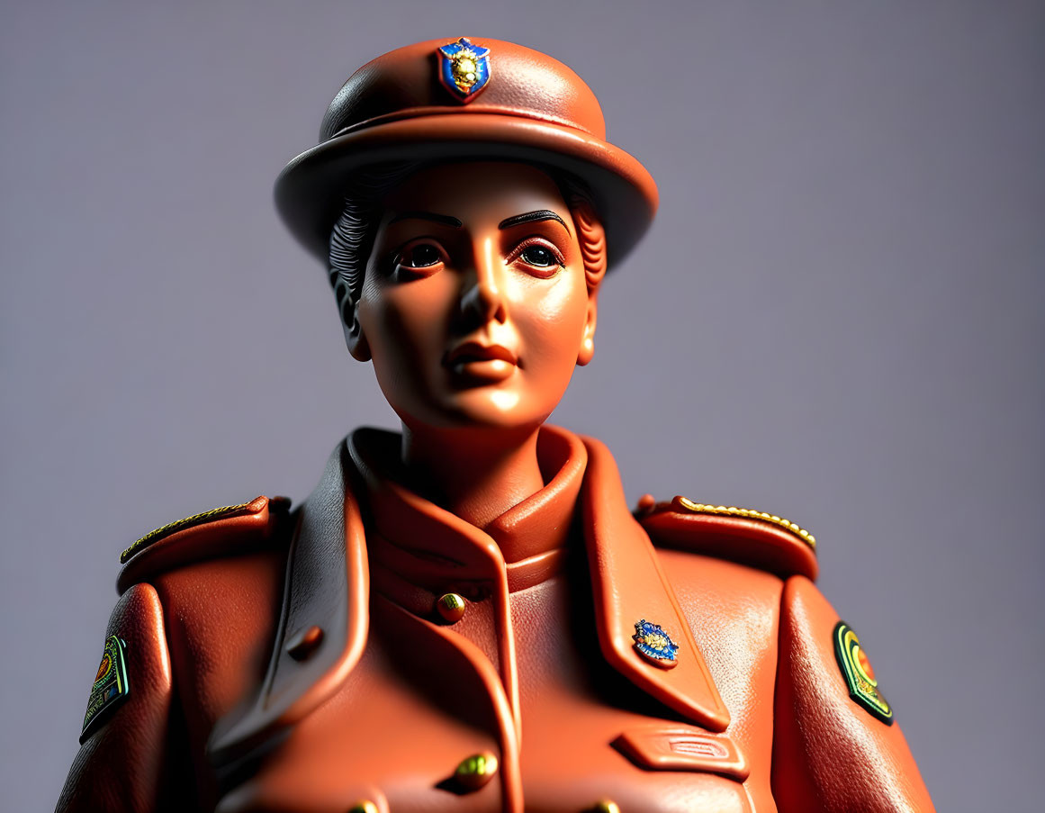 3D-rendered female figure in brown military uniform with cap and insignia on gray background