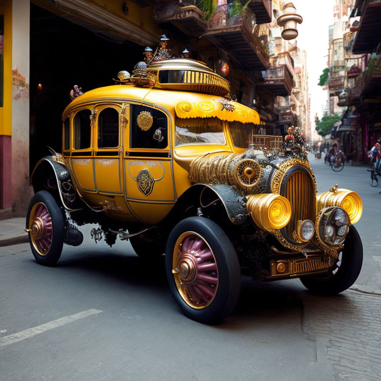 Vintage Fantasy Car with Ornate Yellow and Black Design on Cobblestone Street