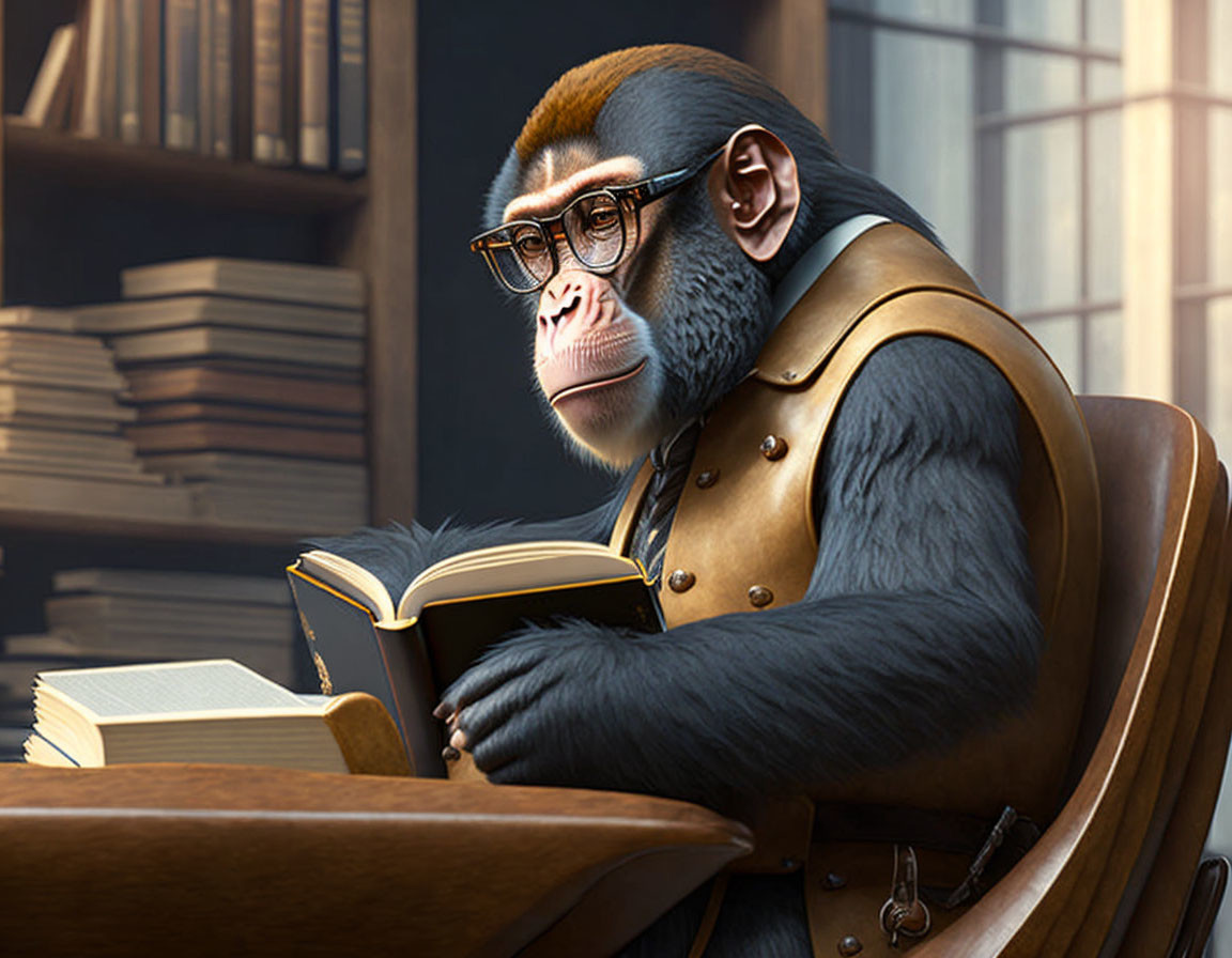 Anthropomorphic chimpanzee in waistcoat reading book in library setting