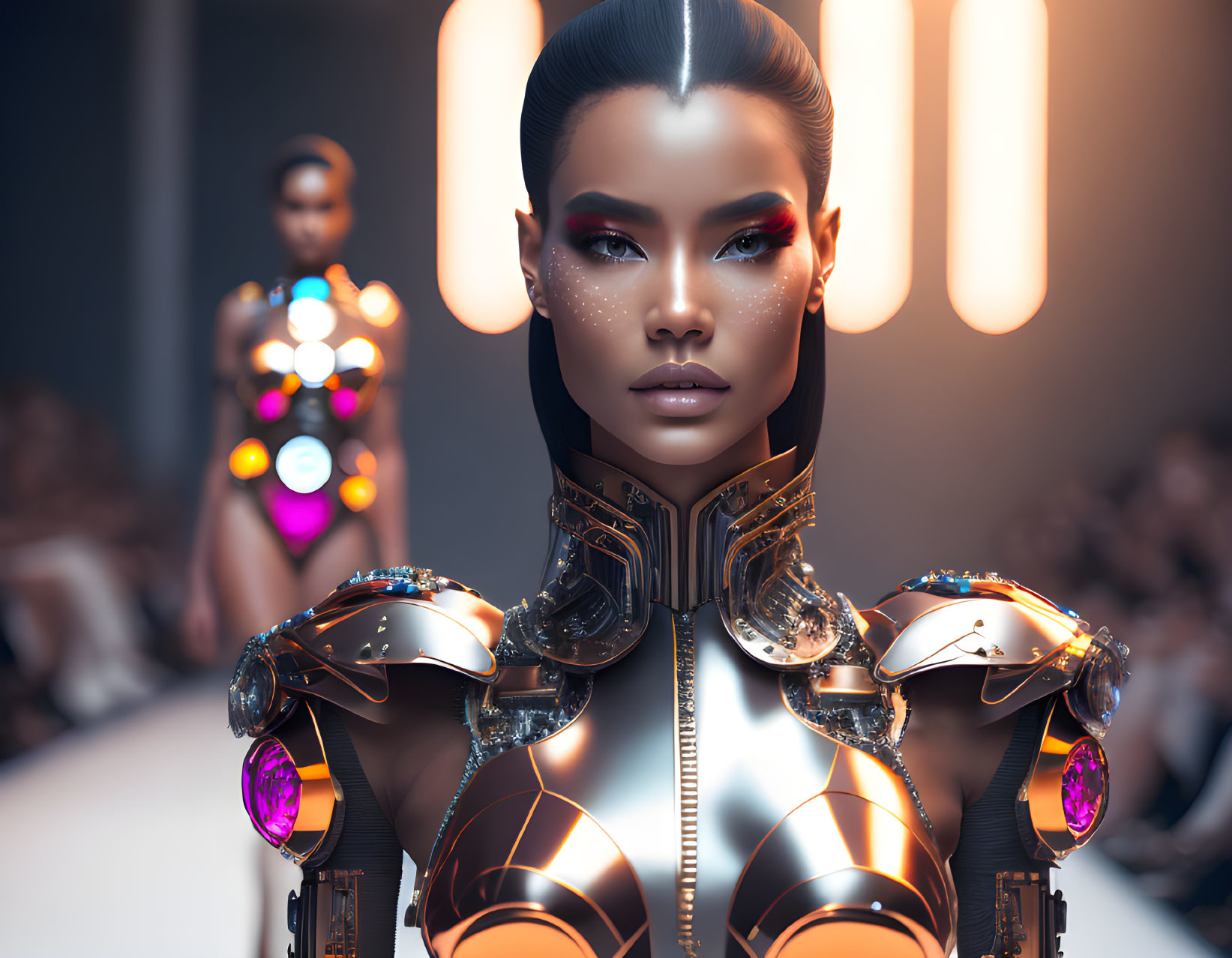 Futuristic fashion show featuring android model in metallic armor